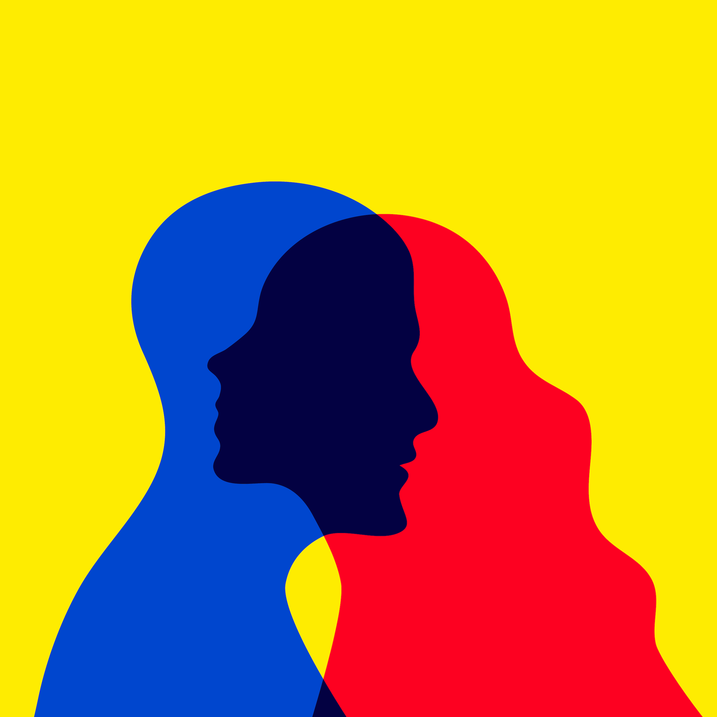 A blue silhouette of a bald person overlapping a red silhouette of a long-haired person, all on a yellow background.